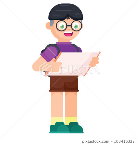 Boy with backpack looking at map. Little traveler boy. Flat design vector illustration 103416322