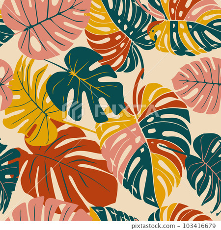 Monstera leaf tropical seamless pattern, hand drawn botanical, spring and Summer time, green style, natural ornaments for textile, fabric, wallpaper, background. Monstera leaf tropical seamless pattern, hand drawn botanical, spring and Summer time, green style, natural ornaments for textile, fabric, wallpaper, background. 103416679
