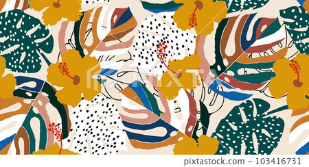Tropical flower pattern seamless, silhouette of blooming, hand drawn botanical, Floral leaf for spring and Summer time, natural ornaments for textile, fabric, wallpaper, background design. Tropical flower pattern seamless, silhouette of blooming, hand drawn botanical, Floral leaf for spring and Summer time, natural ornaments for textile, fabric, wallpaper, background design. 103416731