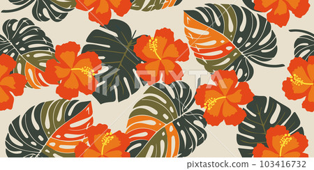 Tropical flower pattern seamless, silhouette of blooming, hand drawn botanical, Floral leaf for spring and Summer time, natural ornaments for textile, fabric, wallpaper, background design. Tropical flower pattern seamless, silhouette of blooming, hand drawn botanical, Floral leaf for spring and Summer time, natural ornaments for textile, fabric, wallpaper, background design. 103416732