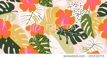 Tropical flower pattern seamless, silhouette of blooming, hand drawn botanical, Floral leaf for spring and Summer time, natural ornaments for textile, fabric, wallpaper, background design. 103416733