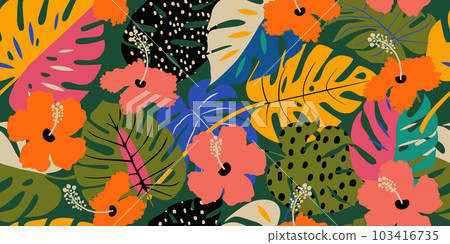 Tropical flower pattern seamless, silhouette of blooming, hand drawn botanical, Floral leaf for spring and Summer time, natural ornaments for textile, fabric, wallpaper, background design. 103416735