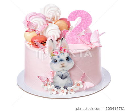 Sweet pink cake with marshmallows, rabbit, butterflies and flowers for the birthday of a girl with number two. 103416781