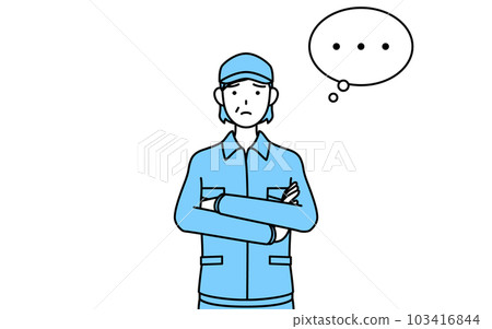 A senior woman in a hat and work clothes who thinks with her arms crossed (manager, manager, boss) A senior woman in a hat and work clothes who thinks with her arms crossed (manager, manager, boss) 103416844