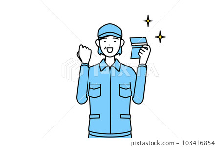 A senior woman in a hat and work clothes who is happy to see her bankbook (manager, manager, boss) A senior woman in a hat and work clothes who is happy to see her bankbook (manager, manager, boss) 103416854