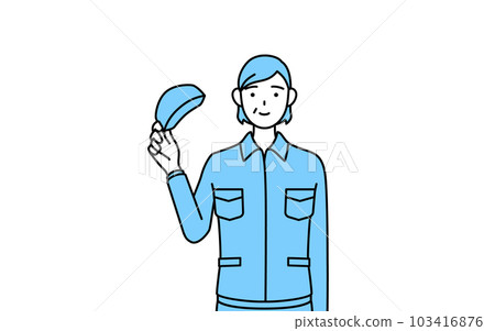 A senior woman in a hat and work clothes who takes off her hat and greets (manager, manager, boss) A senior woman in a hat and work clothes who takes off her hat and greets (manager, manager, boss) 103416876