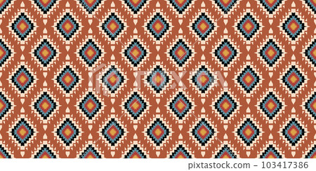 Ethnic abstract ikat art. Seamless pattern in tribal, folk embroidery, and Mexican style. Aztec geometric art ornament print. Design for carpet, wallpaper, clothing, wrapping, fabric, cover, textile. 103417386