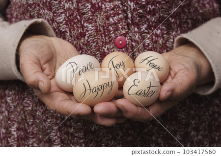 Happy Easter. Grandmother holding Eggs in hands 103417560