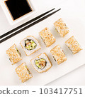 Sushi plate on white background, rolls set with sesame on white background from above. Top view of traditional japanese cuisine. Asian food with chopsticks design. 103417751