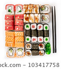 Big colorful sushi set on a white background. Top view. 103417758