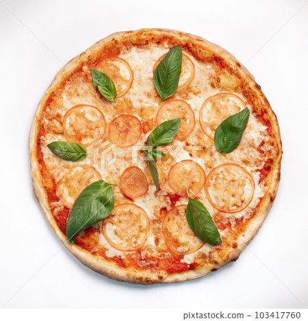 Fresh pizza with sausage ham and cheese isolated on white background. Copyspace. Top view. 103417760