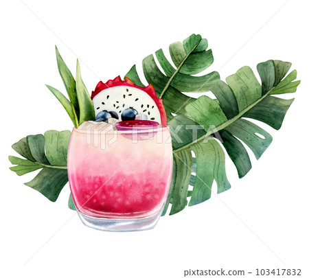 Tropical dragon fruit cocktail lemonade with pitaya and green palm leaves watercolor illustration. Fresh summer drink 103417832
