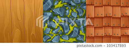 Set stone with moss and wooden material, textured surface wood comic background in cartoon style. Wall, panel for game, ui design 103417893