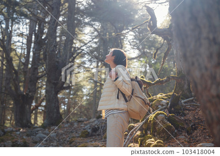 woman enjoys nature, beautiful forest in mountains woman enjoys nature, beautiful forest in mountains 103418004