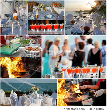 Luxury Outdoor Reception with People and Tables with Served Food and Drink Luxury Outdoor Reception with People and Tables with Served Food and Drink 103418087