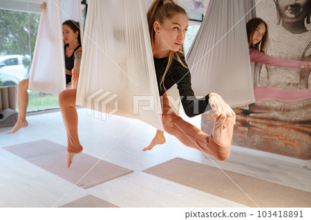 workshop of air yoga and stretching in yoga studio workshop of air yoga and stretching in yoga studio 103418891