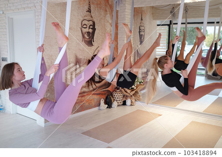 workshop of air yoga and stretching in yoga studio workshop of air yoga and stretching in yoga studio 103418894