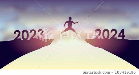 man jumping over a cliff from 2023 to 2024 happy new year 103419196