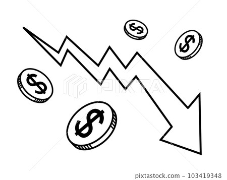 A line drawing of a descending arrow and an image illustration of virtual currency, stocks, and investment 103419348