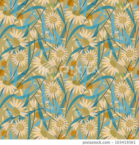Vector seamless floral pattern with daisies, petals and leaves on light beige background. Vector seamless floral pattern with daisies, petals and leaves on light beige background. 103419361