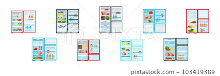 Open Refrigerator or Fridge as Home Appliance for Food Storage with Foodstuff Inside Vector Set 103419389
