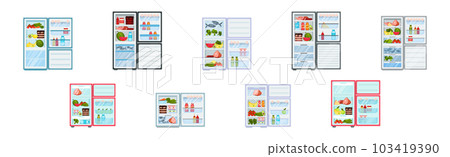 Open Refrigerator or Fridge as Home Appliance for Food Storage with Foodstuff Inside Vector Set 103419390