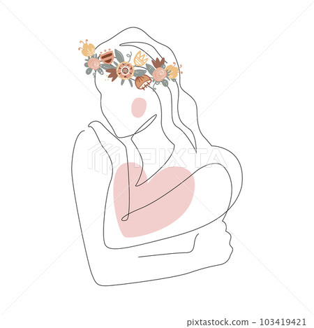 Love yourself vector illustration. Pretty woman with a flower wreath is hugging herself. Body and mental health care design concept isolated on white background 103419421