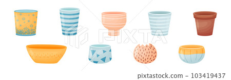 Shaped Ceramic or Clay Empty Pot and Container for Decor Vector Set Shaped Ceramic or Clay Empty Pot and Container for Decor Vector Set 103419437