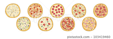 Traditional Italian Pizza of Round Shape Above View Vector Set 103419460