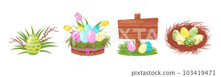 Decorated Easter Eggs and Tulips Flower as Spring Holiday Symbol Vector Set Decorated Easter Eggs and Tulips Flower as Spring Holiday Symbol Vector Set 103419471