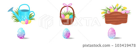 Decorated Easter Eggs in Basket as Spring Holiday Symbol Vector Set Decorated Easter Eggs in Basket as Spring Holiday Symbol Vector Set 103419478