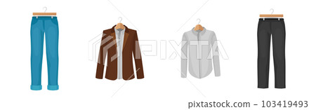 Man Clothing with Jeans, Jacket, Shirt and Trousers on Wooden Hanger Vector Set Man Clothing with Jeans, Jacket, Shirt and Trousers on Wooden Hanger Vector Set 103419493