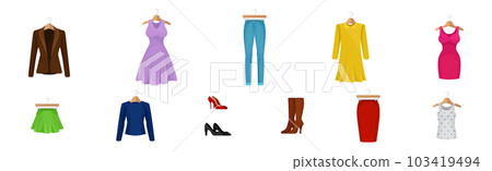 Woman Clothing with Dress and Denim Pants on Hanger Vector Set Woman Clothing with Dress and Denim Pants on Hanger Vector Set 103419494