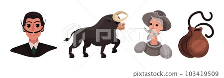 Spain Attributes with Don Quixote, Bull, Knackers and Man with Mustache Vector Set 103419509