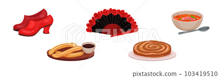 Spain Attributes with Fan, Shoes, Pie, Soup and Churros Vector Set 103419510