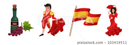 Spain Attributes with Red Wine, Bullfighter, Flag and Woman Dance Flamenco Vector Set 103419511