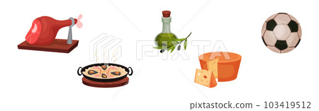 Spain Attributes with Jamon, Olive Oil, Cheese, Football and Paella Vector Set 103419512
