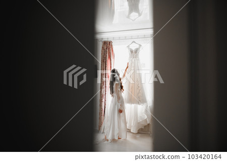 Gorgeous bride in robe posing and preparing for the wedding ceremony face in a room 103420164