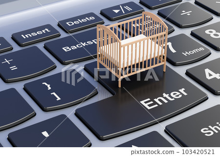Baby crib, infant bed on laptop keyboard. 3D rendering 103420521