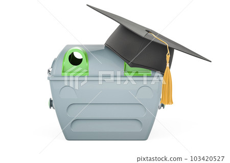 Gray garbage container with graduation hat. 3D rendering 103420527