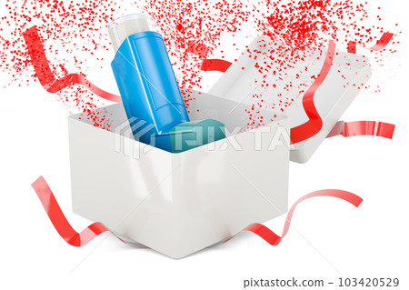 Metered-dose inhaler, MDI inside gift box, 3D rendering Metered-dose inhaler, MDI inside gift box, 3D rendering 103420529