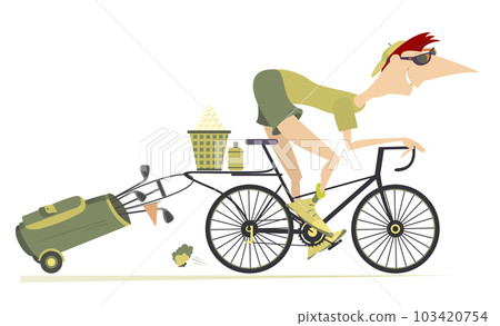 Young man on the bicycle on the way to golf course. Cartoon cycling man in sunglasses going to play golf 103420754