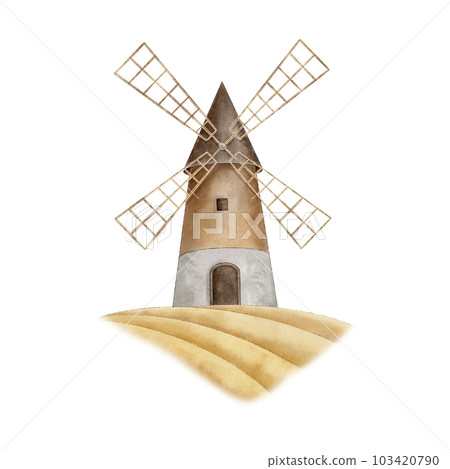 Watercolor windmill tower on wheat field. Hand drawn Netherlands landscape. Vintage Illustration on isolated background for cards, postcards, posters, souvenirs 103420790