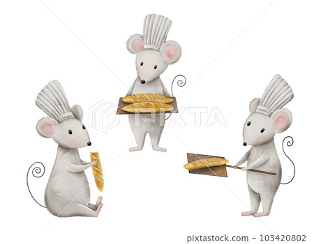 Watercolor boy mouse holding a freshly baked hot delicious bread isolated on background. Hand drawn bakery illustration . Cute mouse-baker eats a baguette, French baguettes 103420802