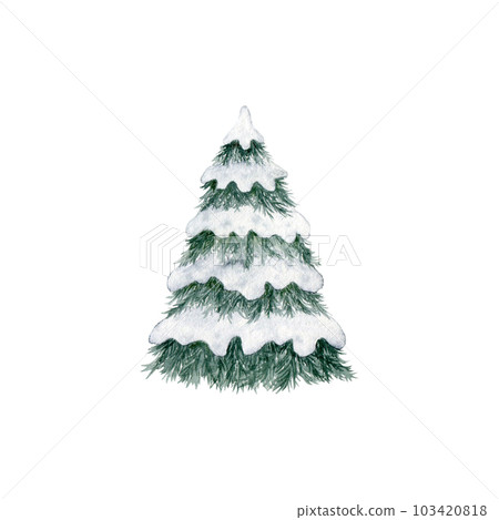 Snow covered Christmas tree. Fir tree. Hand drawn watercolor illustration. Forest template, Winter woodland landscape background. Wild nature in wintertime. Christmas card design. Evergreen tree 103420818