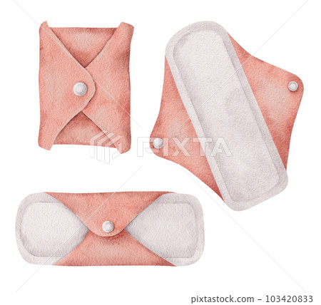 Washable Feminine hygiene products, Set of clean hygienic reusable pads. Menstrual cycle. Women's Health. Menstruation female hygiene product. Coral color. Hand drawn watercolor illustration for pack Washable Feminine hygiene products, Set of clean hygienic reusable pads. Menstrual cycle. Women's Health. Menstruation female hygiene product. Coral color. Hand drawn watercolor illustration for pack 103420833
