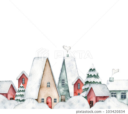 Winter illustration snowy street with cute houses, spruce, bushes in the snow, snowdrifts isolated on background. Hand painted watercolor design for Christmas card, souvenirs, winter poster, happy new Winter illustration snowy street with cute houses, spruce, bushes in the snow, snowdrifts isolated on background. Hand painted watercolor design for Christmas card, souvenirs, winter poster, happy new 103420834
