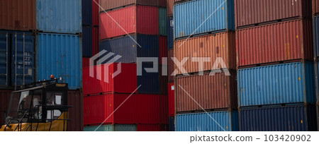Container logistic. Cargo and shipping business. Container ship for import and export logistic. Container freight station. Logistic industry from port to port. Container at harbor for truck transport. 103420902