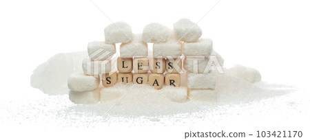 Less Sugar alphabet letter word bead on pile of refined sugar. Diabetes concept to reduce sweet food drink. Less Sugar letter word on sweetener type. White background isolated 103421170