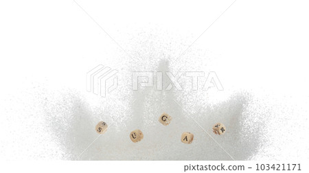 Sugar alphabet letter word bead on explosion of refined sugar. Diabetes concept to reduce sweet food drink. Sugar letter word on sweetener type fly in air. White background isolated 103421171
